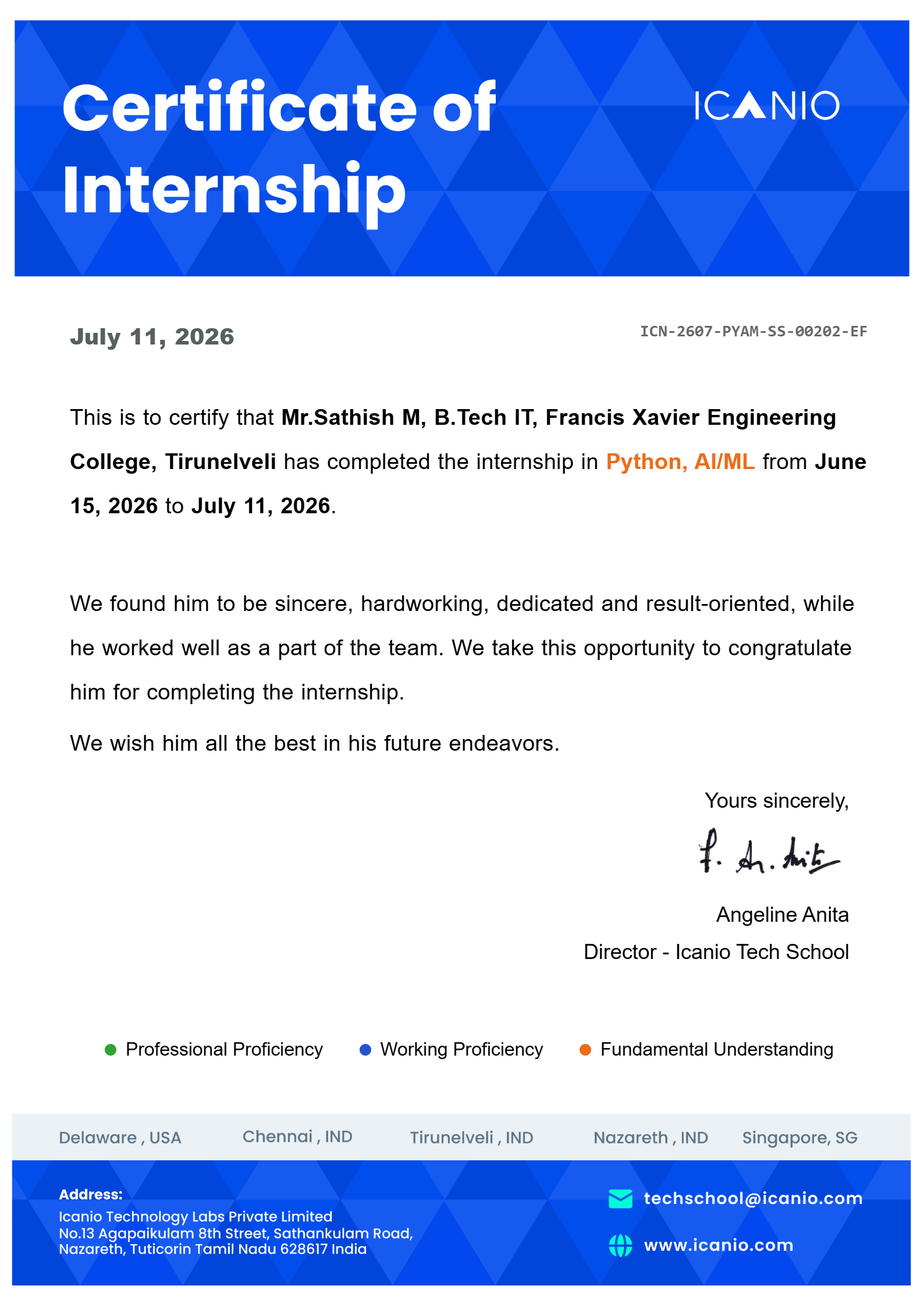 Icanio Technology Labs Private Limited internship certificate